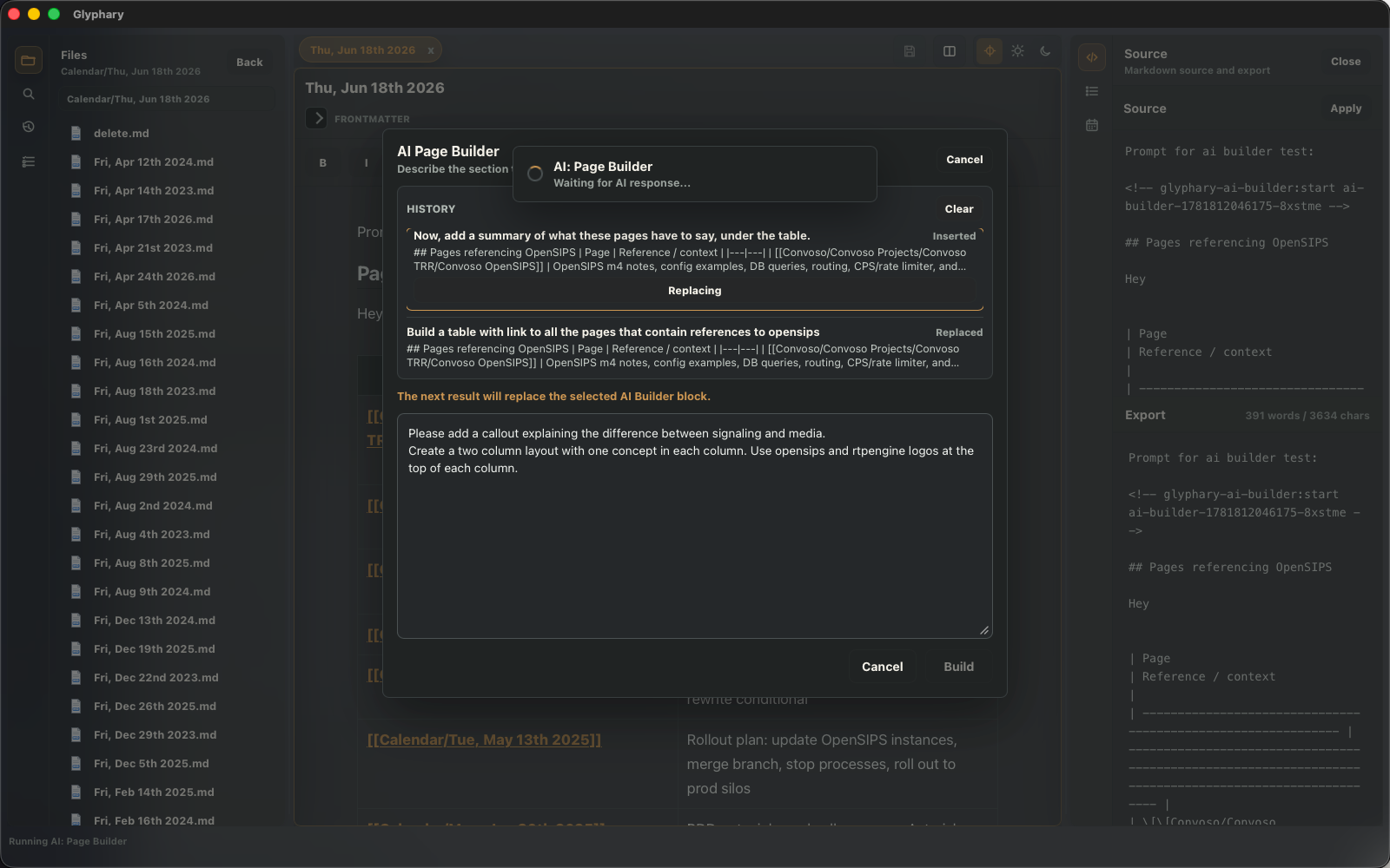 Glyphary AI Builder dialog with prompt and history controls