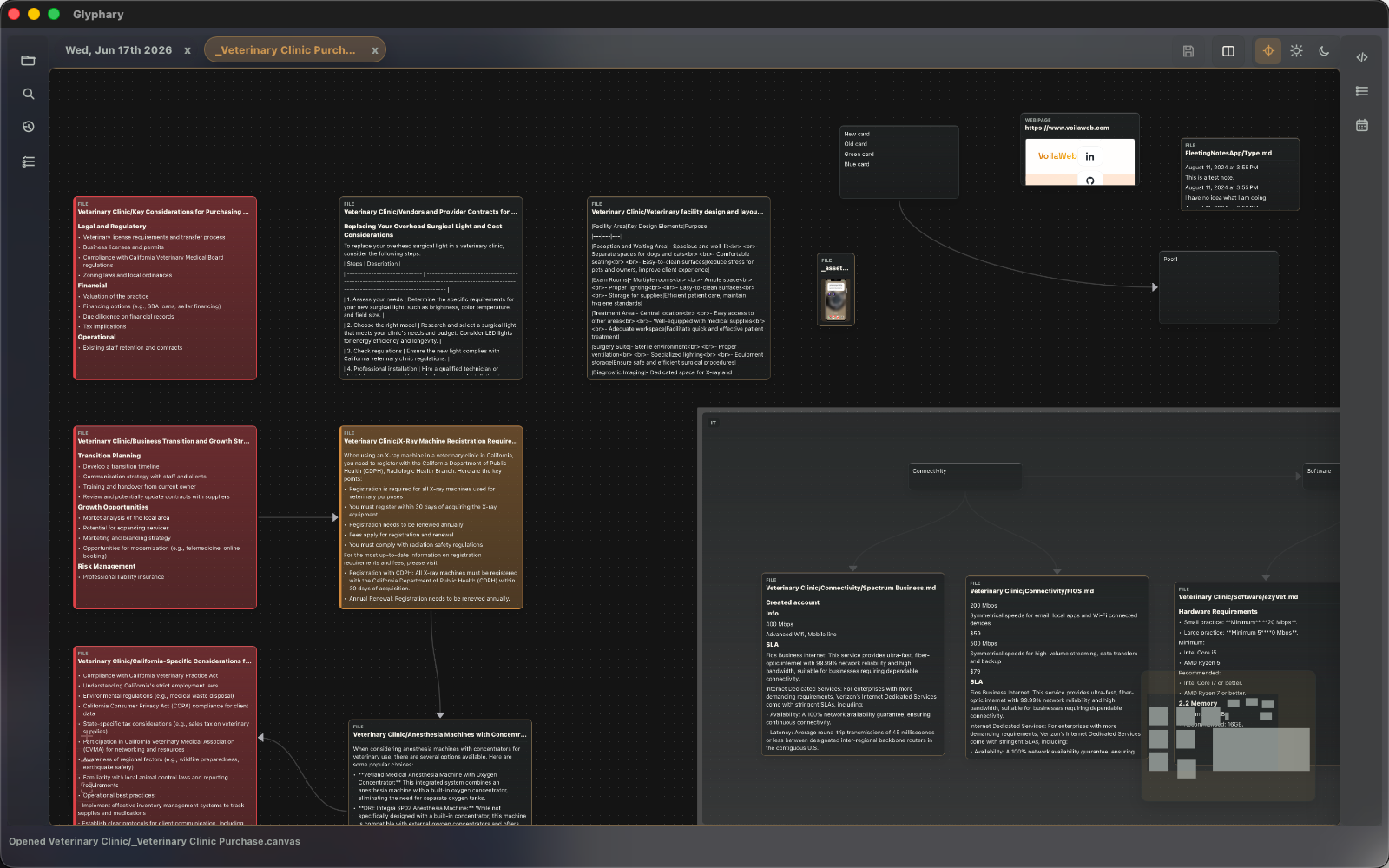 Glyphary canvas file with connected notes and cards