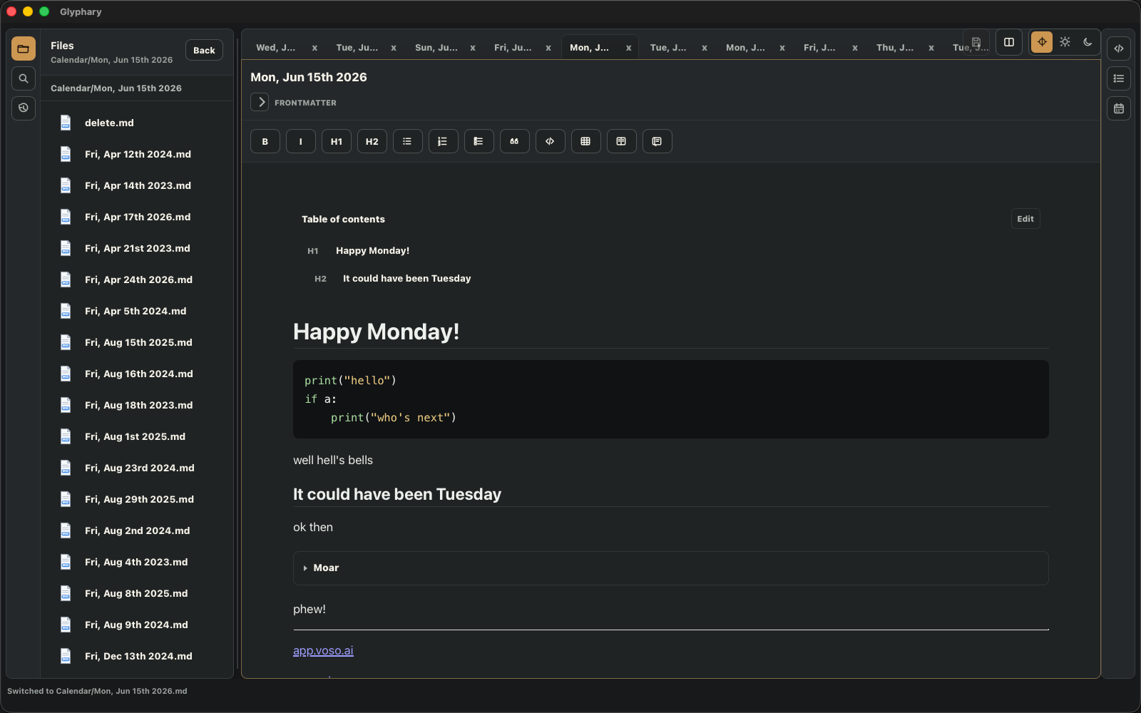 Glyphary workspace with an open vault